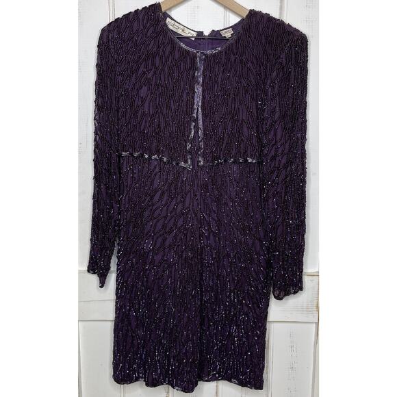 VTG Scala 80-90’s Purple Hand Beaded Sequin Long Sleeve Cocktail Formal Dress PL - Picture 1 of 11